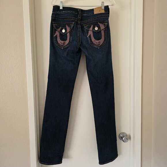 True Religion Jeans Women Denim Straight‎ Leg Pink Logo Pockets Distressed Sz 29 - Picture 6 of 10